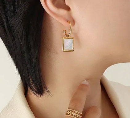 Titanium Shell Inlay Square C Shape Earrings, Non Tarnish, Implant Grade Titanium Waterproof Earrings, Vintage Style Earrings, Minimalist